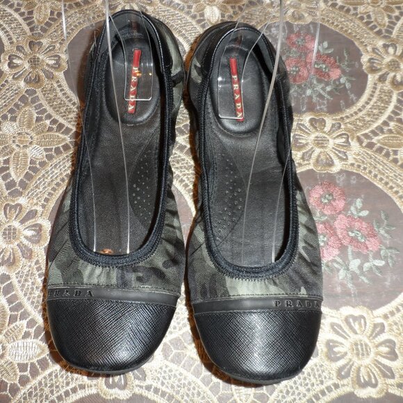 Prada Green/Black Camo Print Elastic Canvas/Leather Ballet Flats Size 7 - Picture 2 of 16